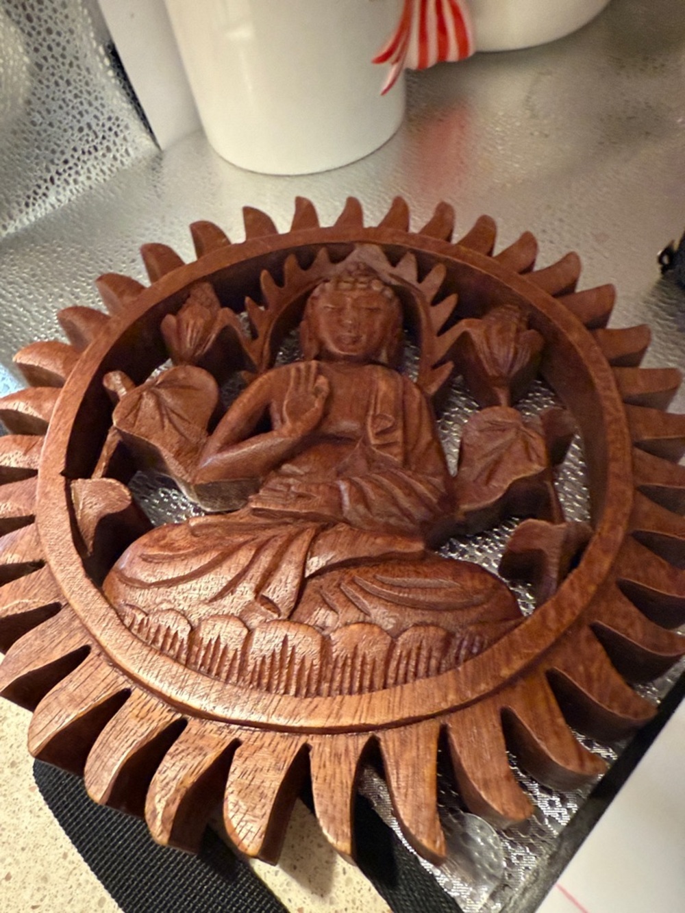 Hand-Carved Wooden Buddha Wall Art - Brown